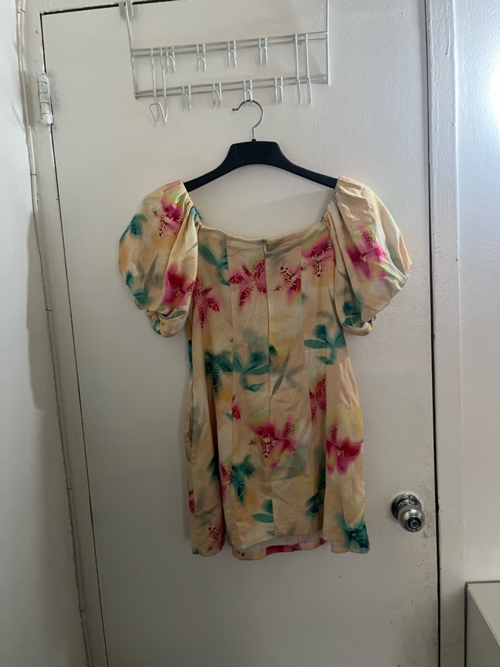 Bar III Yellow Floral Puff-Sleeve Tunic dress with Pink and Teal Accents - Picture 2 of 11